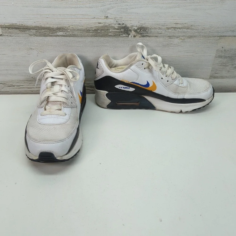 Nike Air Max 90 Double Swoosh White Black Gold Royal‎ FJ4592-100 7Y/8.5 Women